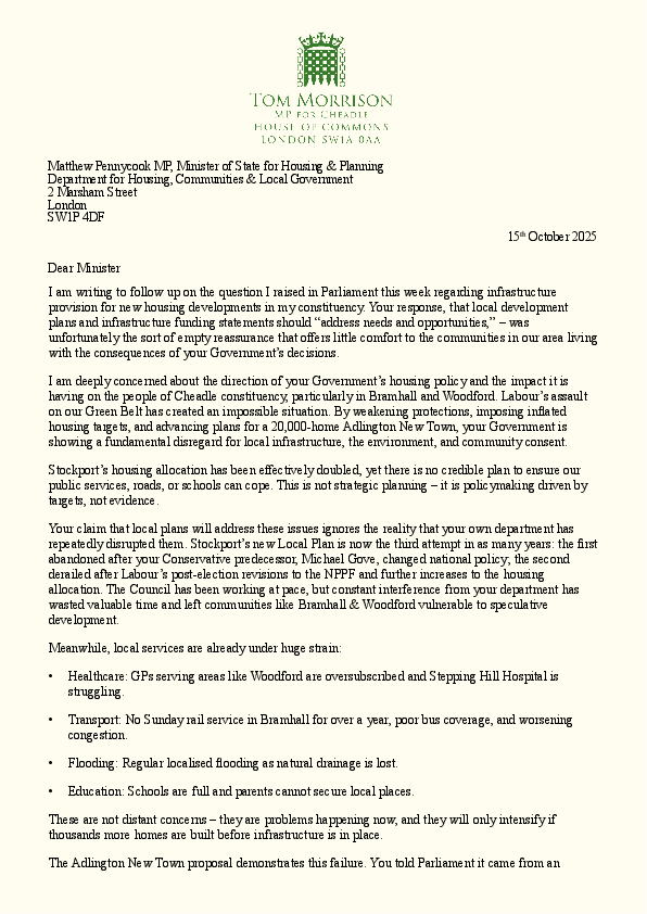 Lerter from Tom Morrison MP to Housing Minister