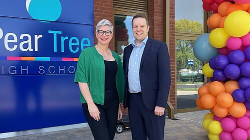 Tom Morrison MP and local councillor Jilly Julian at the opening of Pear Tree High School