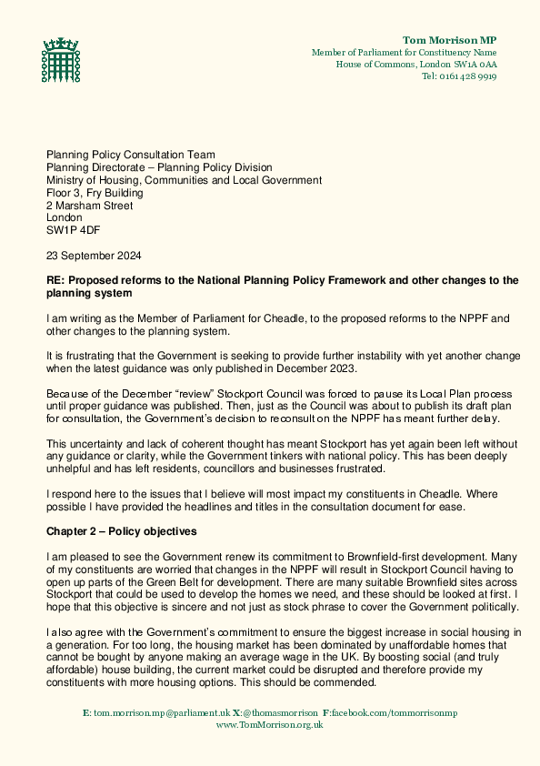 Tom Morrison MP NPPF Consultation response