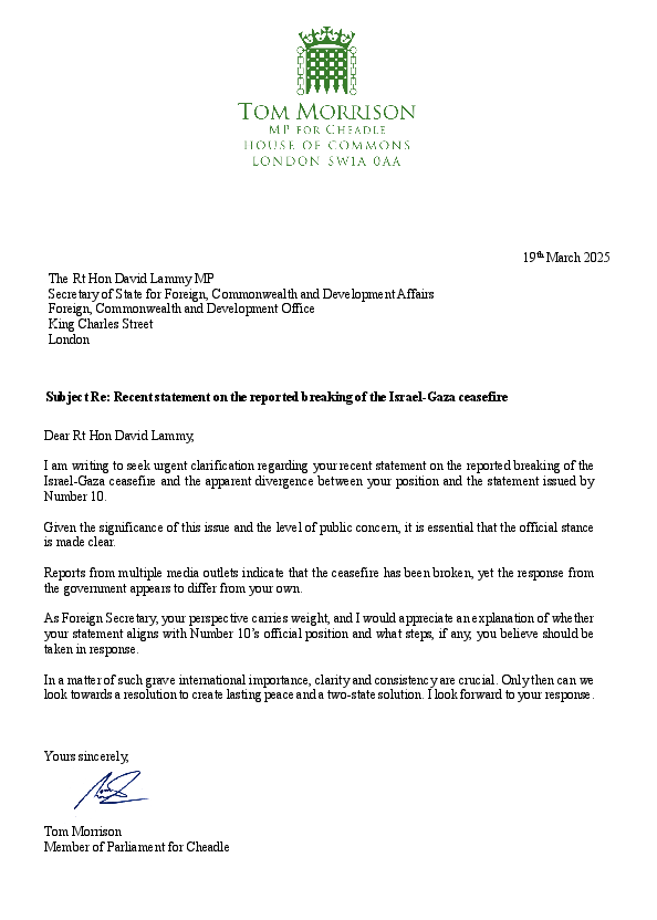 Letter from Tom Morrison MP to David Lammy MP