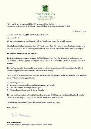 Letter from Tom Morrison MP and residents of Cheadle on Cheadle Train Station