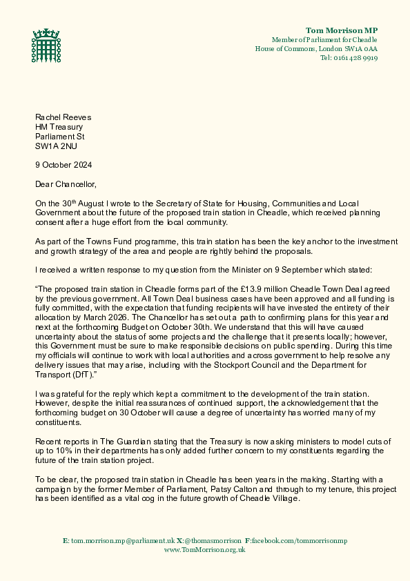 Letter from Tom Morrison MP to Chancellor on Cheadle Train Station