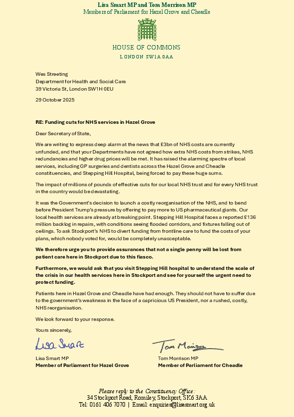 Letter from Tom Morrison & Lisa Smart to Wes Streeting