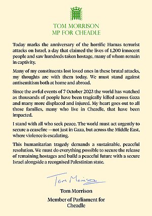 Letter from Tom Morrison MP on Anniversary of Oct 7th Attack