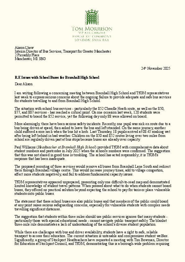 Letter from Tom Morrison MP to Alison Chew at TfGM