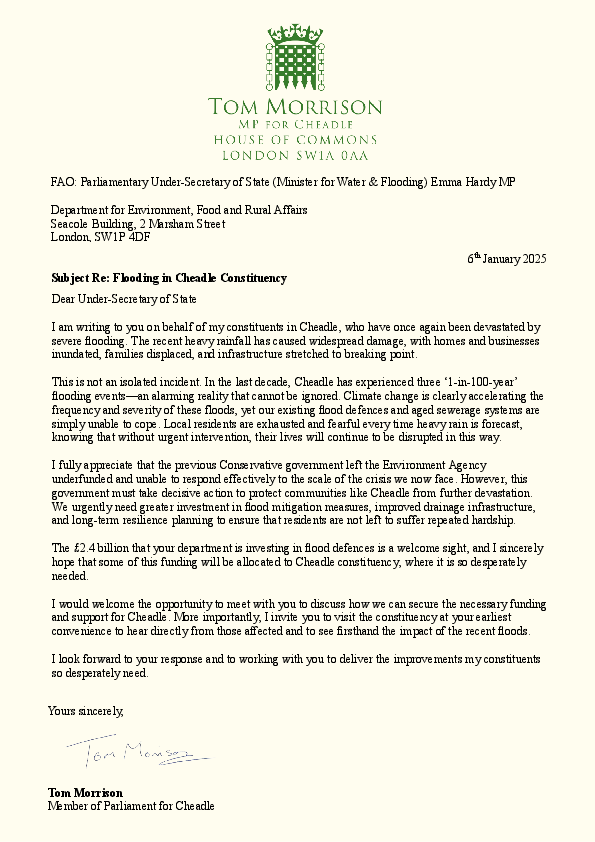 Letter from Tom Morrison MP to Flooding Minister