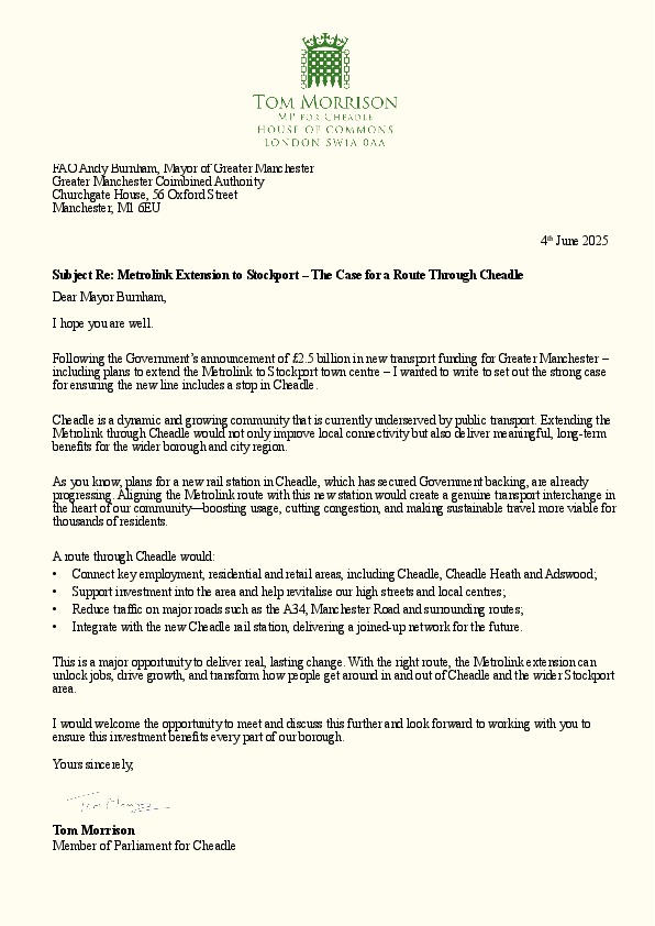 Letter from Tom Morrison MP to Mayor Andy Burnham