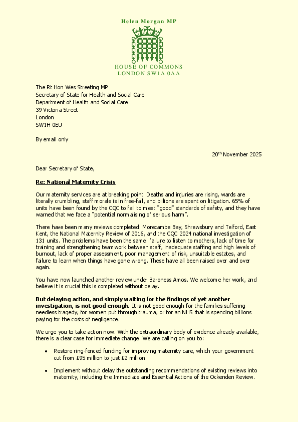 Letter from Lib Dem MPs to Health Secretary on Maternity Services