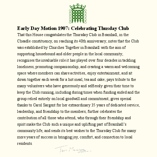Early Day Motion celebrating 40 years of Thursday Club